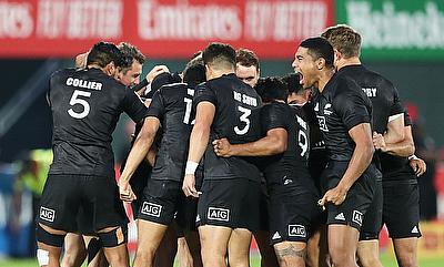 New Zealand team huddle before the match against Wales on day one of the Emirates Airline Dubai Rugby Sevens