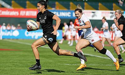 New Zealand's Shiray Kaka cuts through the England defence to score a try on day two of the Emirates Airline Dubai Rugby Sevens