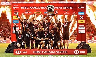 New Zealand 7s side celebrating their win in Vancouver