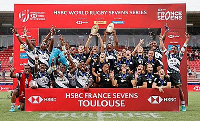 Fiji celebrating their win in the Toulouse leg of the Men's World Rugby Sevens Series
