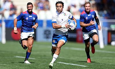 Ange Capuozzo of Italy breaks forward to score his side's fourth try during the Rugby World Cup France 2023 match between Italy and Namibia