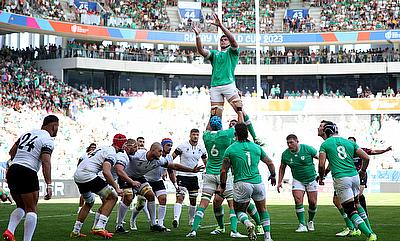 James Ryan of Ireland wins the line out during the Rugby World Cup France 2023 match between Ireland and Romania at Nouveau Stade de Bordeaux