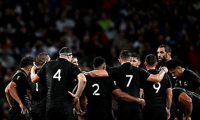 The players of New Zealand form a huddle prior to the Rugby World Cup France 2023 match against Namibia at Stadium de Toulouse