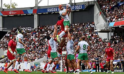 Nicolas Martins of Portugal wins the lineout for Portugal during the Rugby World Cup game against Georgia