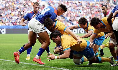 German Kessler of Uruguay scores his team's first try during the game against Namibia