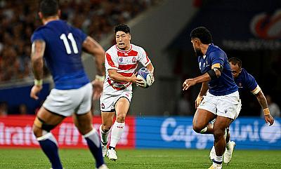 Rikiya Matsuda of Japan runs with the ball during the Rugby World Cup game against Samoa