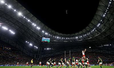 A general view of play as the two teams contest a line out during the Rugby World Cup France 2023 match between South Africa and Tonga