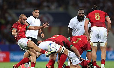 Samuel Marques of Portugal kicks the ball upfield during the Rugby World Cup game against Fiji