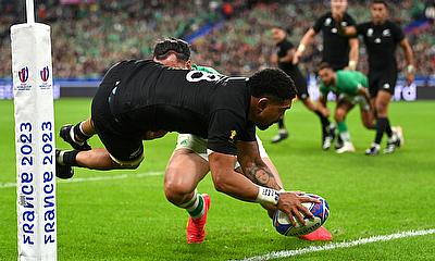 Ardie Savea of New Zealand scores his team's second try during the Rugby World Cup quarter-final against Ireland