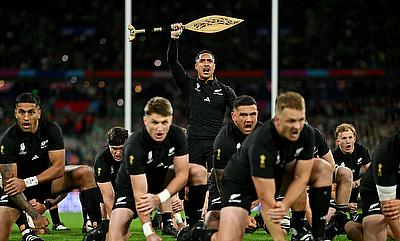 Aaron Smith of New Zealand leads the Haka prior to kick-off ahead of the Rugby World Cup quarter-final against Ireland