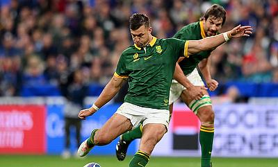 Handre Pollard of South Africa kicks their side's fourth conversion during the Rugby World Cup quarter-final against France