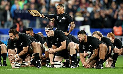 Aaron Smith of New Zealand leads the Haka prior to kick-off ahead of the Rugby World Cup semi-final against Argentina