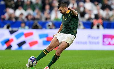 Handre Pollard of South Africa kicks their side's third and winning penalty during the semi-final against England