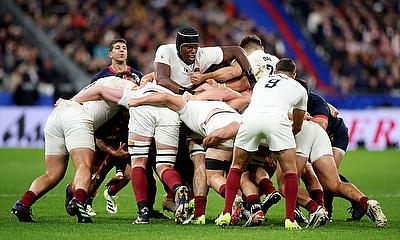 The two teams contest a maul during the Rugby World Cup France 2023 Bronze Final match between Argentina and England at Stade de France