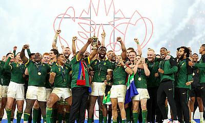 Cyril Ramaphosa, President of South Africa, lifts The Webb Ellis Cup following the Rugby World Cup Final against New Zealand