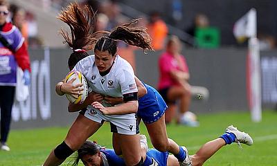Ilona Maher of USA is tackled by Drenna Falaniko of Samoa and teammate Keilamarita Pouri-Lane during the Women's Rugby World Cup 2025 Pool A match