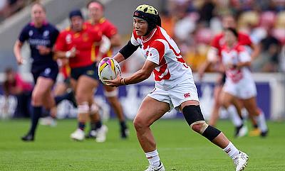 Mana Furuta of Japan looks to pass the ball during the Women's Rugby World Cup 2025 Pool C match