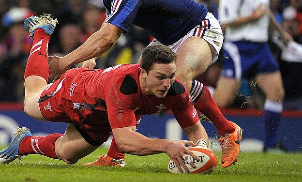 George North scores a try during the RBS 6 Nations match at the Millennium Stadium