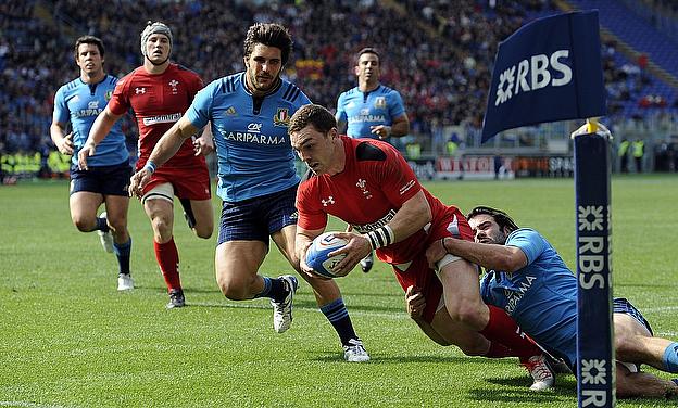 Wales' George North runs in to score his second and his side's fourth try
