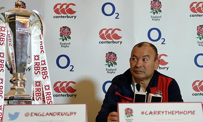 England head coach Eddie Jones with the Six Nations Trophy during a press conference
