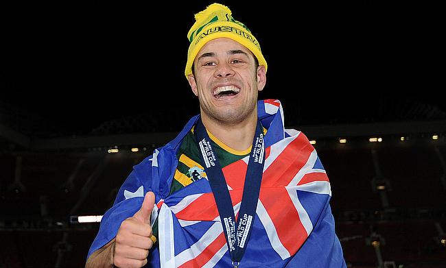 Jarryd Hayne, pictured celebrating Australia's victory in the 2013 World Cup final at Old Trafford, wants to play for Fiji at the Rio Olympics