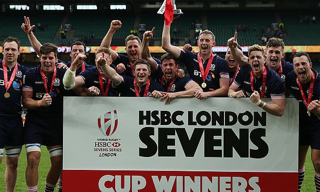 Scotland celebrate their World Sevens Series win at Twickenham