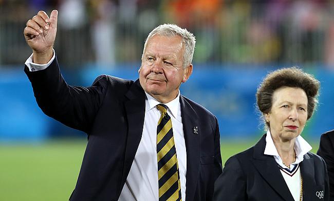 World Rugby chairman Bill Beaumont shows his approval at the rugby sevens in Rio