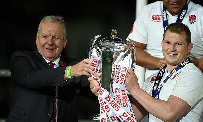 England captain Dylan Hartley receives the RBS 6 Nations trophy last season from former England skipper Bill Beaumont