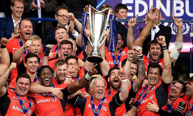 Saracens celebrate after winning a second successive Champions Cup in May