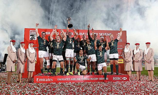 South Africa 7s team celebrating the success in the Dubai Sevens