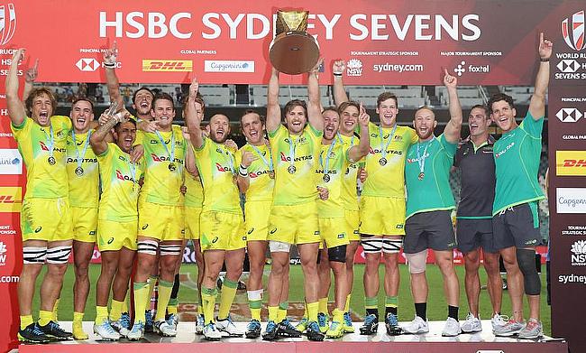 Australia celebrating the Sydney Sevens series victory