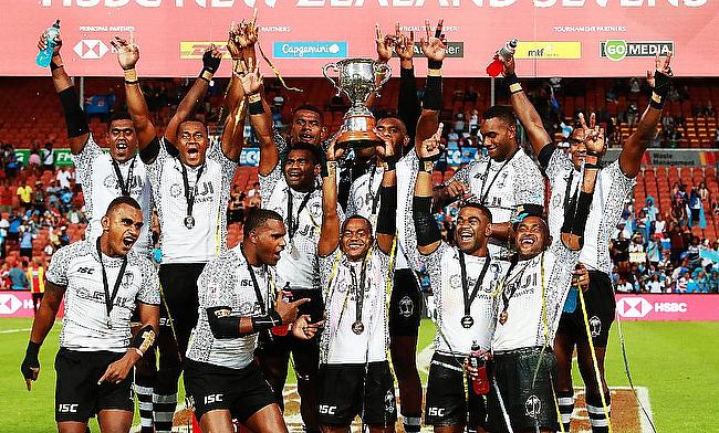 Fiji 7s team celebrating the win in Hamilton Sevens