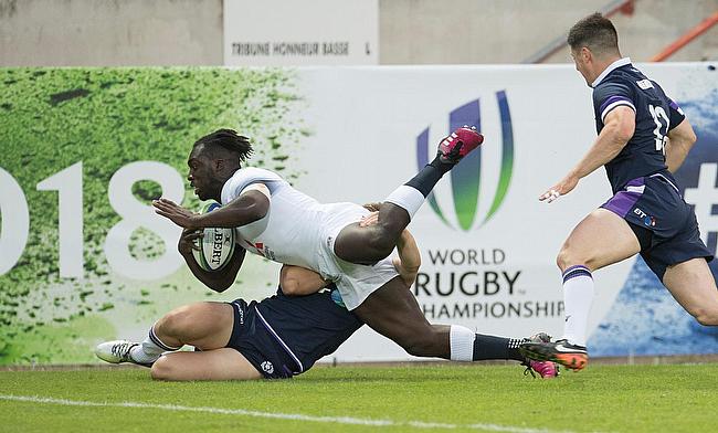 England winger Gabriel Ibitoye scores one of his tries against Scotland on day three of the World Rugby U20 Championship 2018