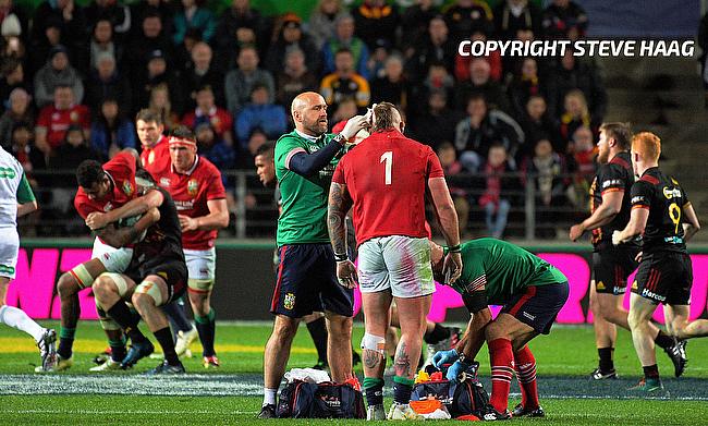 Joe Marler has a head injury seen to during the 2017 DHL Lions Series rugby union match between the NZ Maori and British & Irish Lions in 2017