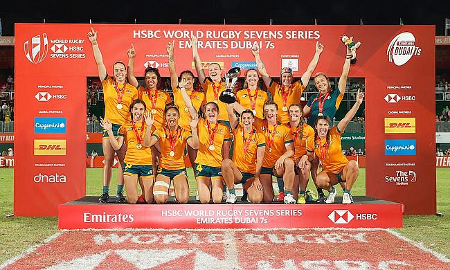 Australia celebrates the Cup Win on day two of the Dubai Emirates Airline Rugby Sevens 2021 women's competition