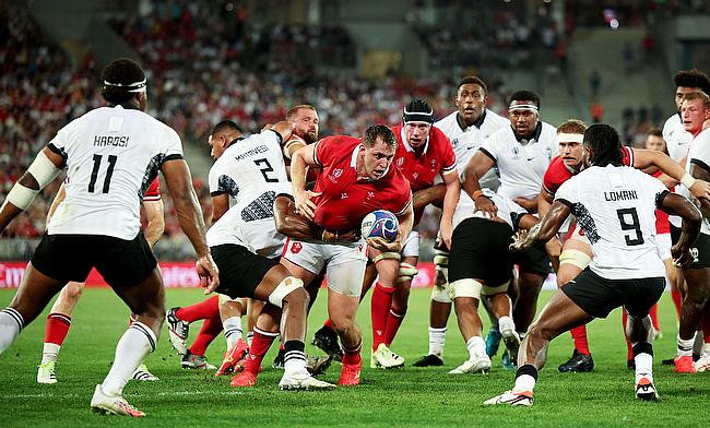 Ryan Elias of Wales is tackled whilst running with the ball during the Rugby World Cup France 2023 match between Wales and Fiji