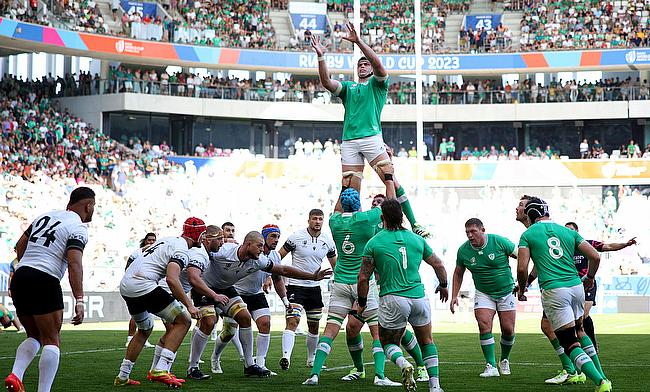 James Ryan of Ireland wins the line out during the Rugby World Cup France 2023 match between Ireland and Romania at Nouveau Stade de Bordeaux