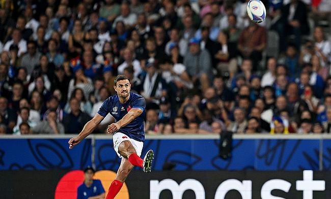 Melvyn Jaminet of France scores a conversion during the Rugby World Cup game against Uruguay