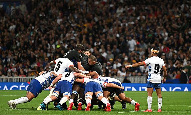 A general view of the inside of the stadium as players of Namibia scrum against players of New Zealand