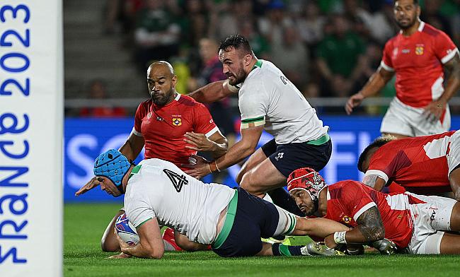 Tadhg Beirne of Ireland scores his team's first try during the Rugby World Cup game against Tonga