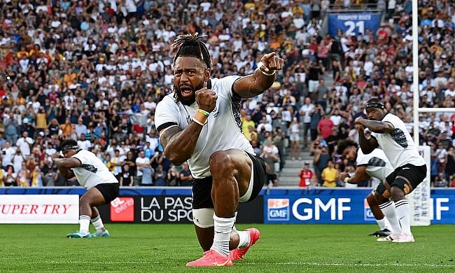 Waisea Nayacalevu of Fiji leads his teammates as players of of Fiji perform the Cibi prior to the Rugby World Cup against Australia