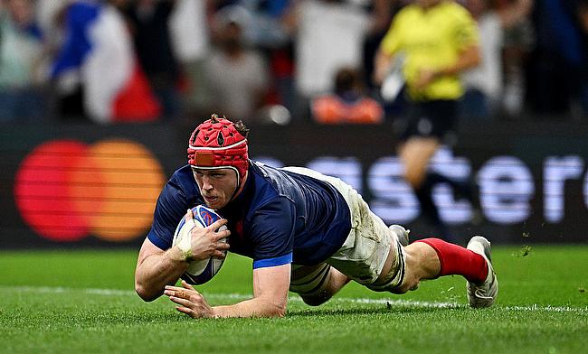 Thibaud Flament of France scores the team's sixth try during the game against Namibia