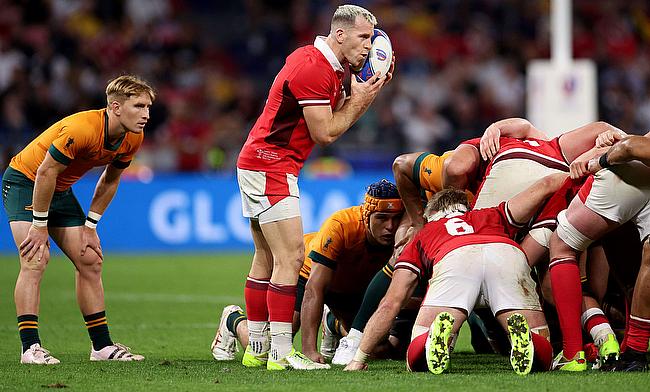 Gareth Davies of Wales gives instructions before feeding the ball into the scum during the Rugby World Cup game against Australia