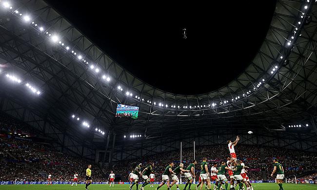 A general view of play as the two teams contest a line out during the Rugby World Cup France 2023 match between South Africa and Tonga