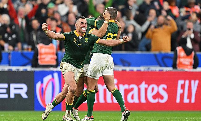 Jesse Kriel of South Africa celebrates at full-time after their team's victory in the Rugby World Cup Final match