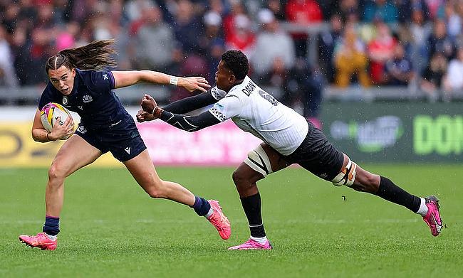 Emma Orr of Scotland is tackled by Nunia Daunimoala of Fiji during the Women's Rugby World Cup 2025 Pool B match between Scotland and Fiji